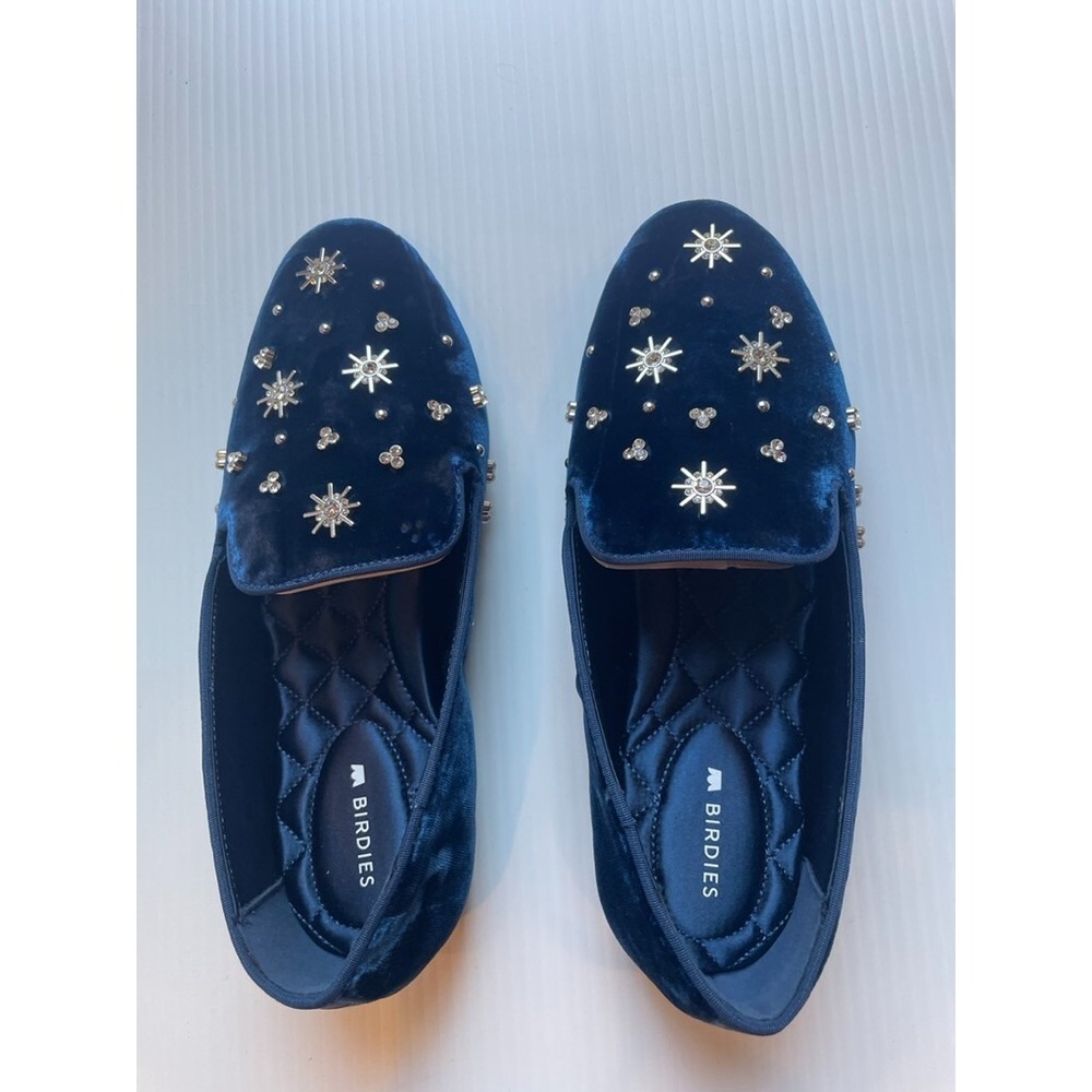 Birdies The Starling Navy Blue Crystal Jewel Velvet Flat Loafers US 5 NWOB RARE